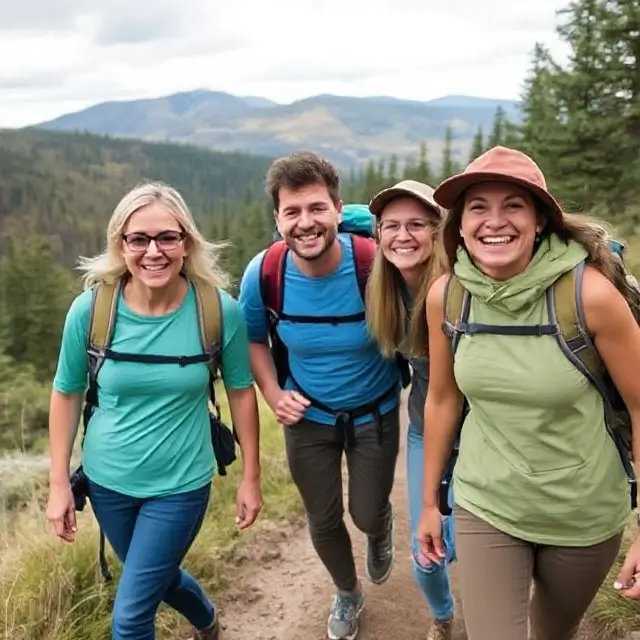 A small group of friends hiking together and smiling.