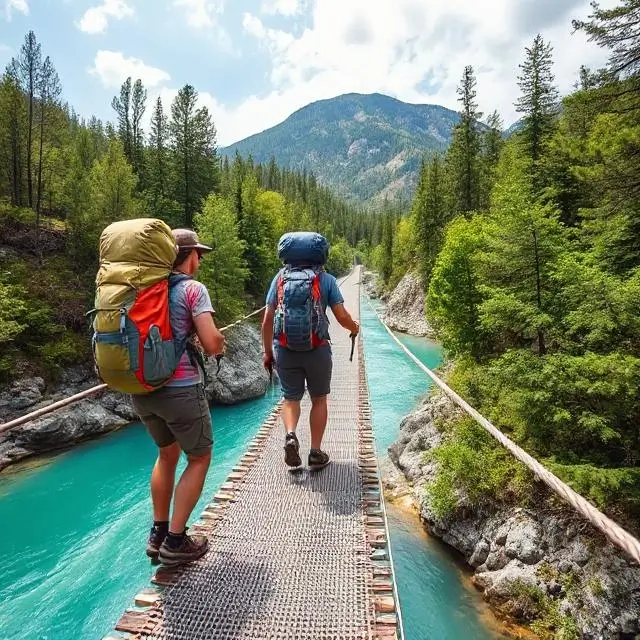 Two hikers with large backpacks crossing a suspension bridge over a turquoise river.