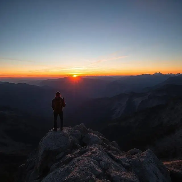 A single hiker standing on a rocky outcrop watching the sunset over the Rocky Mountains.