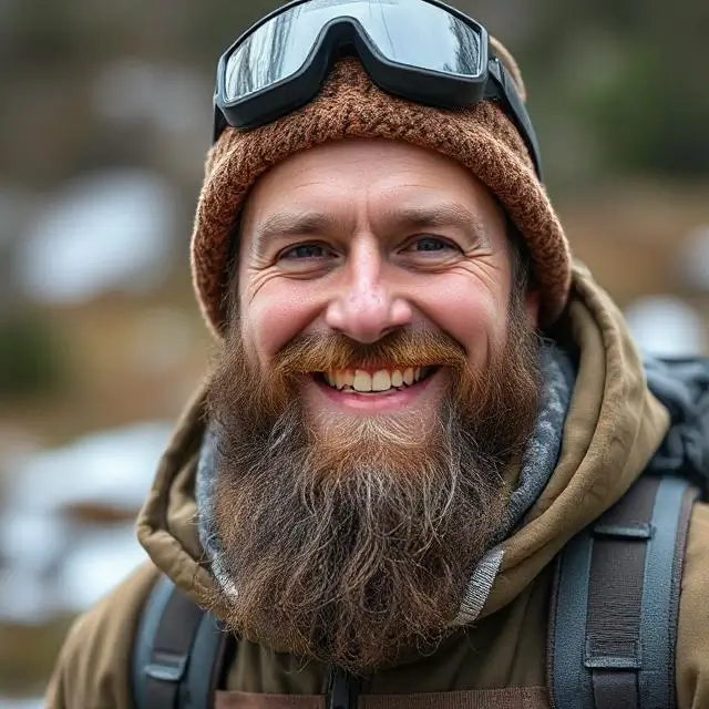 Portrait of a smiling man with a beard, dressed in outdoor gear.