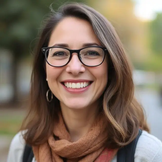 Portrait of a woman with glasses, smiling warmly outdoors.