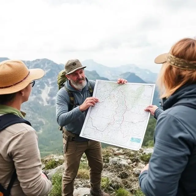 A mountain guide pointing out a route on a map to a group of hikers.