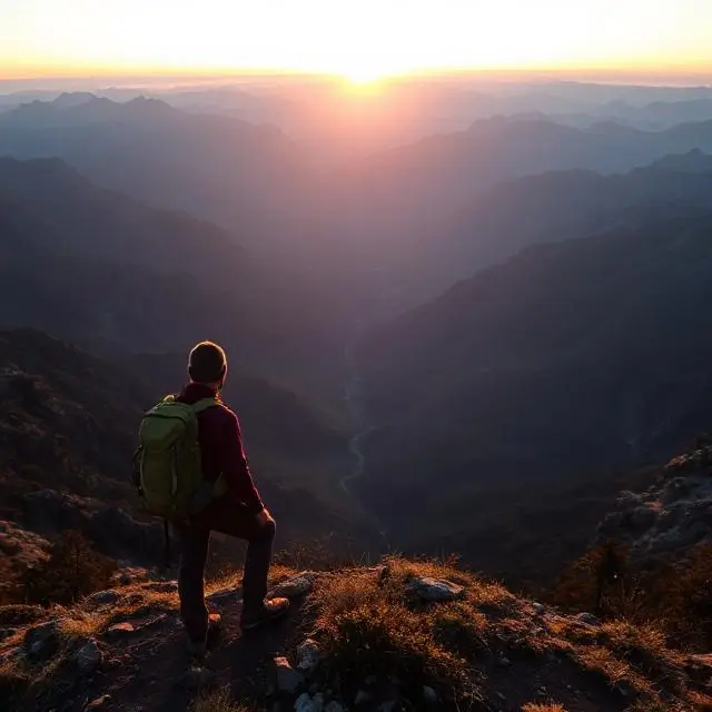 A hiker looking over a vast mountain valley at sunrise.