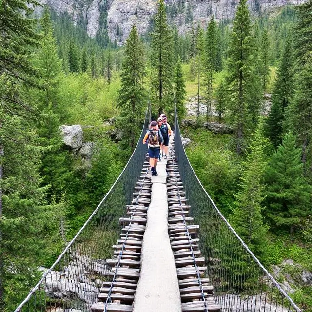 Hikers crossing a bridge.