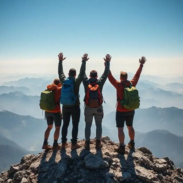 A team of hikers celebrating on a mountain summit, raising their arms in victory.