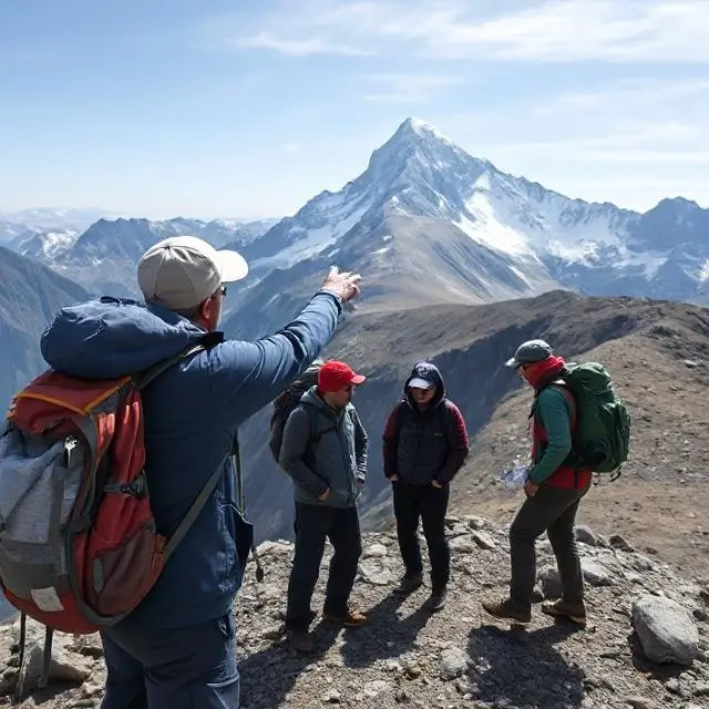 Mountain guide pointing towards a peak for a group.