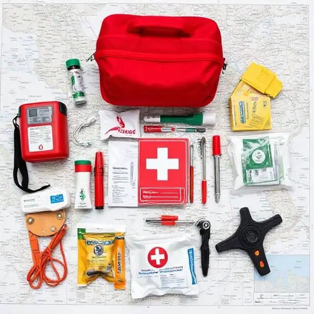 First aid kit and safety equipment laid out on a map.