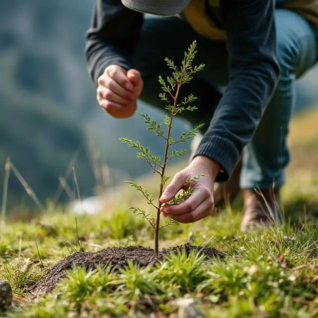 A person planting a small sapling in a mountain meadow.