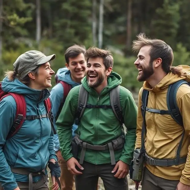A group of hikers laughing together.