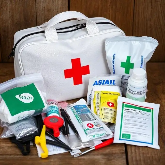 First aid kit and safety equipment.