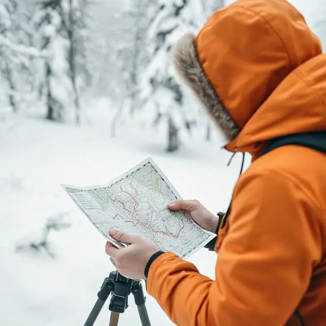 Guide navigating with a map in a snowy environment.