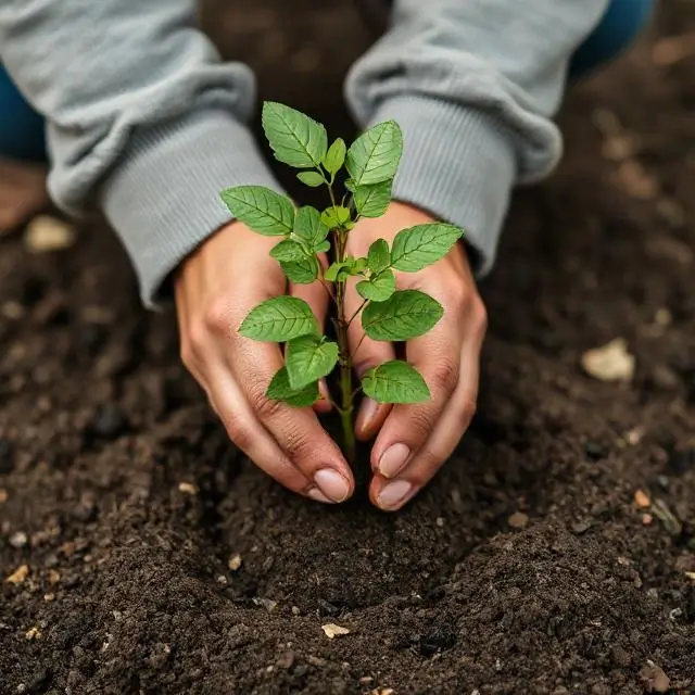 Hands planting a small tree sapling.