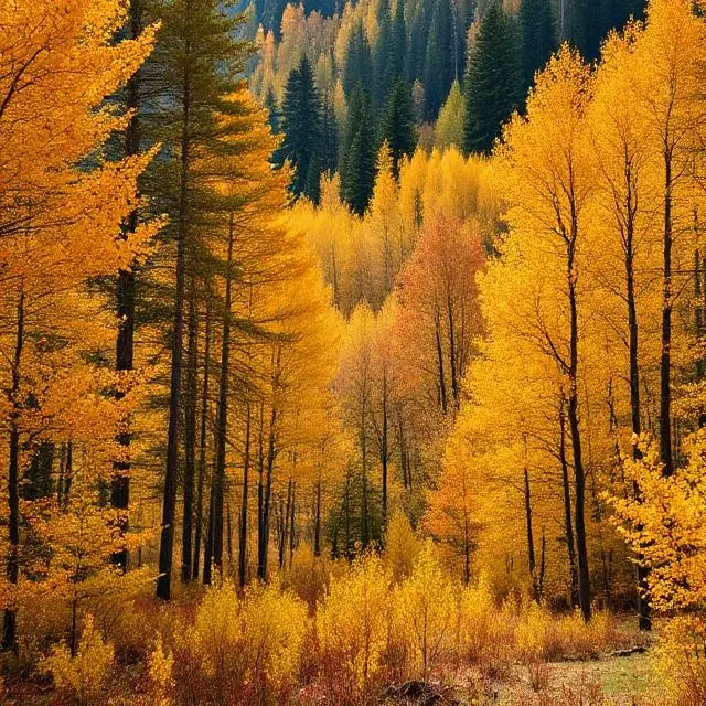 Golden autumn colors in an alpine forest.