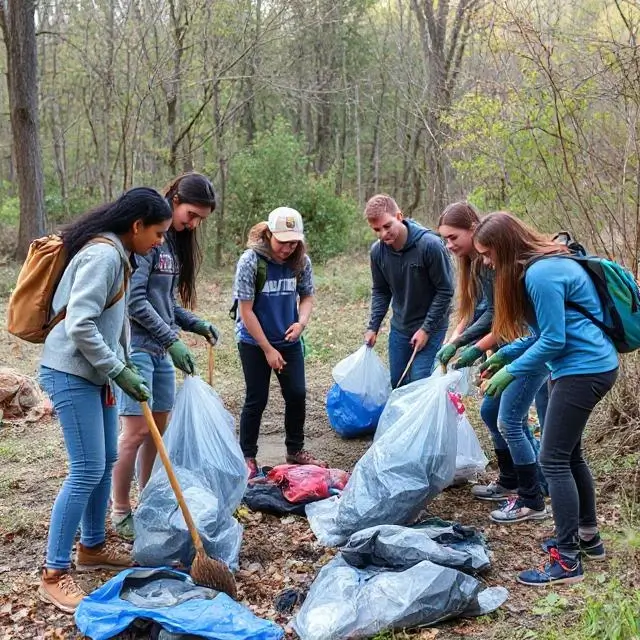 A diverse group of young people working together to clean up a natural area.
