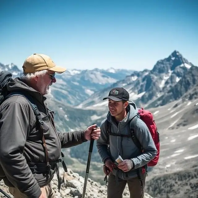 A senior guide mentoring a younger guide in the mountains.