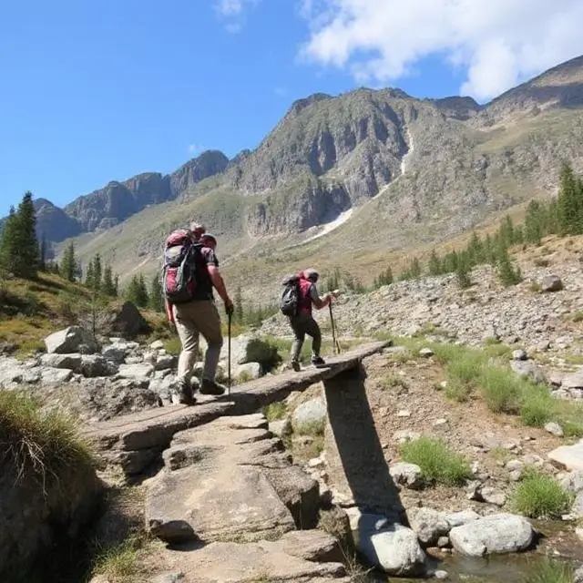 Hikers safely crossing a bridge.
