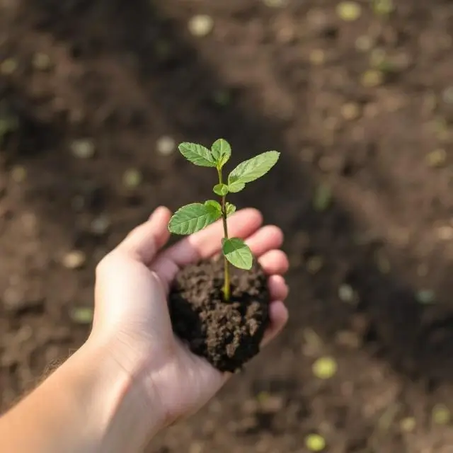 A hand holding a young sapling.