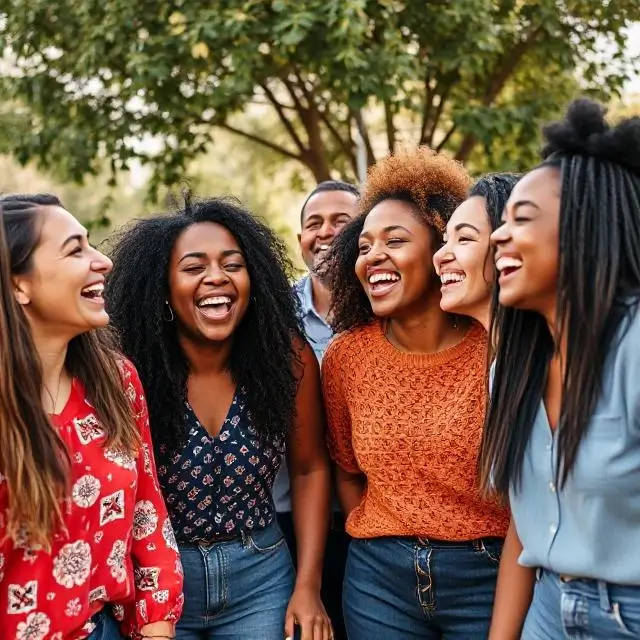 A diverse group of friends laughing together.